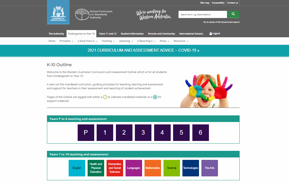 Screenshot of Kindergarten to Year 10 homepage