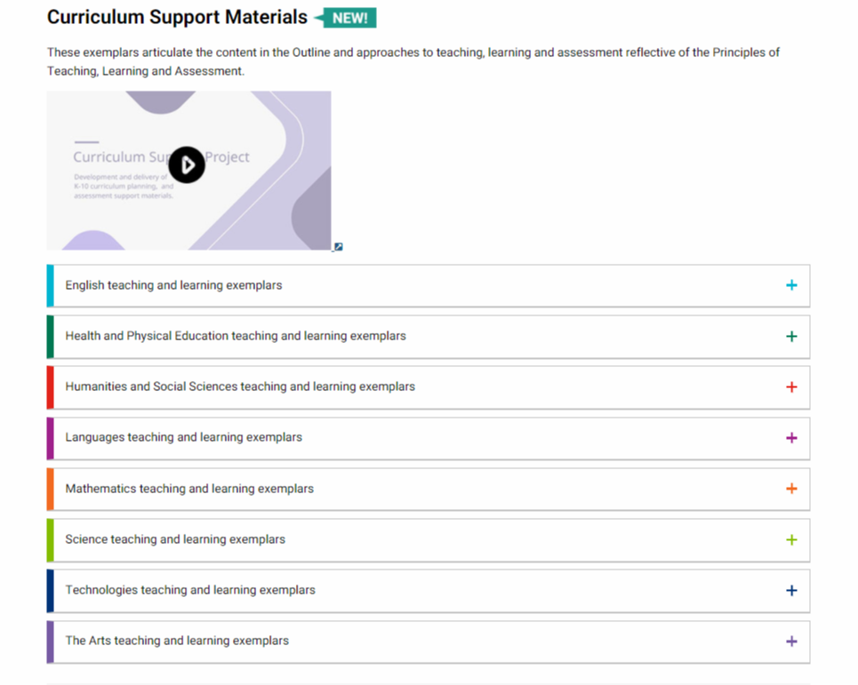 screenshot of Kindergarten to Year 10 Years P to 6 curriculum support materials section