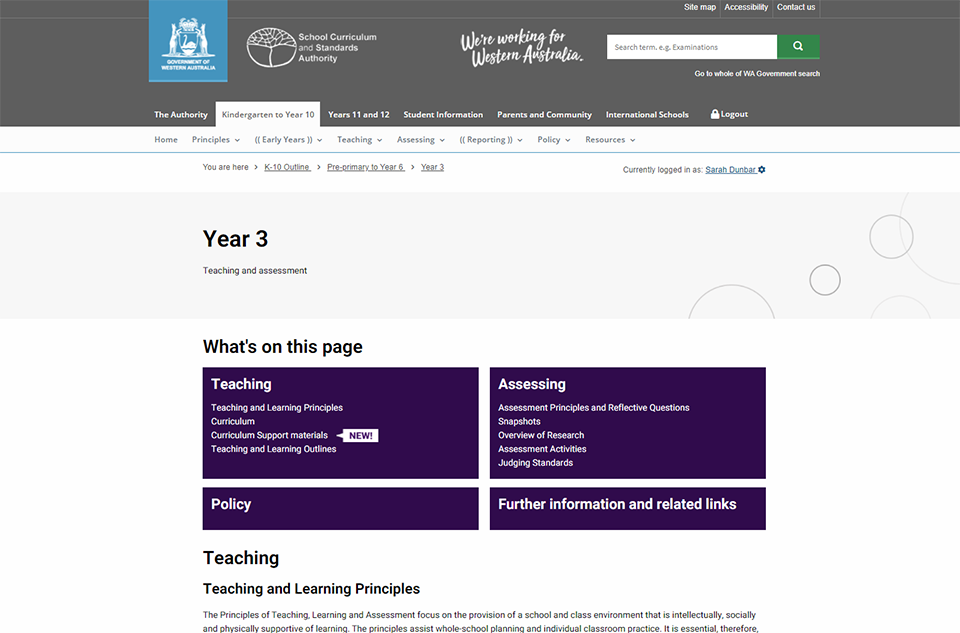 Screenshot of Kindergarten to Year 10 Year 3 page