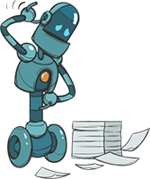 Robot character with a pile of papers